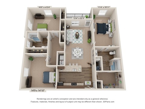 Floor plan for 3 beds, 2 baths, 1622 sqft